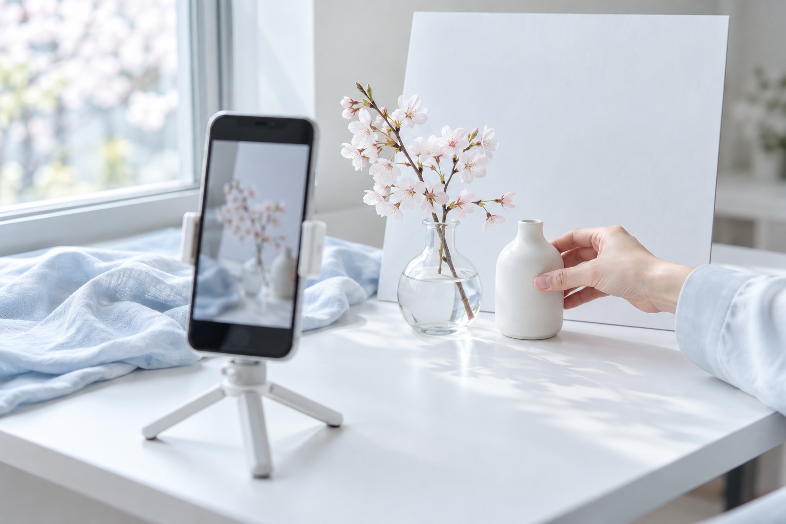 スマートフォンのスタンドで、桜の小枝と小瓶を撮影する準備をしている様子
